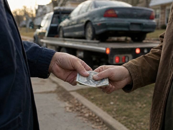 Badger Junk Cars driver paying cash to customer at curbside junk car pickup Milwaukee