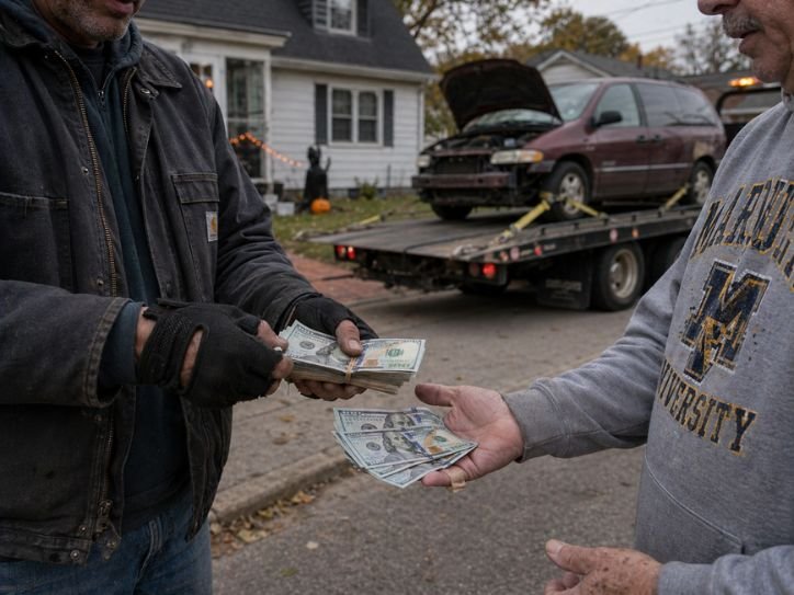 Badger Junk Cars driver counting cash on the spot for a junk car purchase in Milwaukee Wisconsin