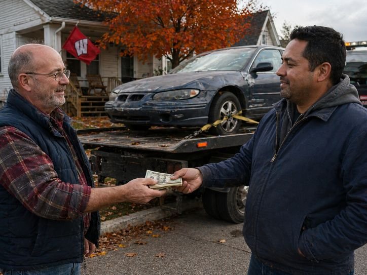 Badger Junk Cars flatbed arriving for a scheduled junk car pickup in a Milwaukee neighborhood