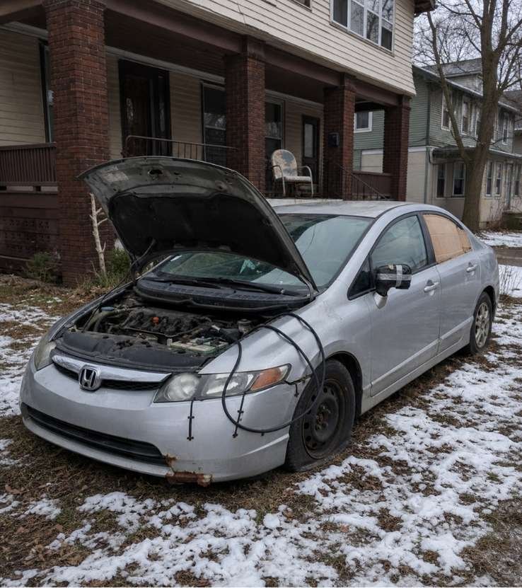 2008 Honda Civic loaded onto Badger Junk Cars flatbed truck in Bay View Milwaukee neighborhood for $385 cash same day pickup